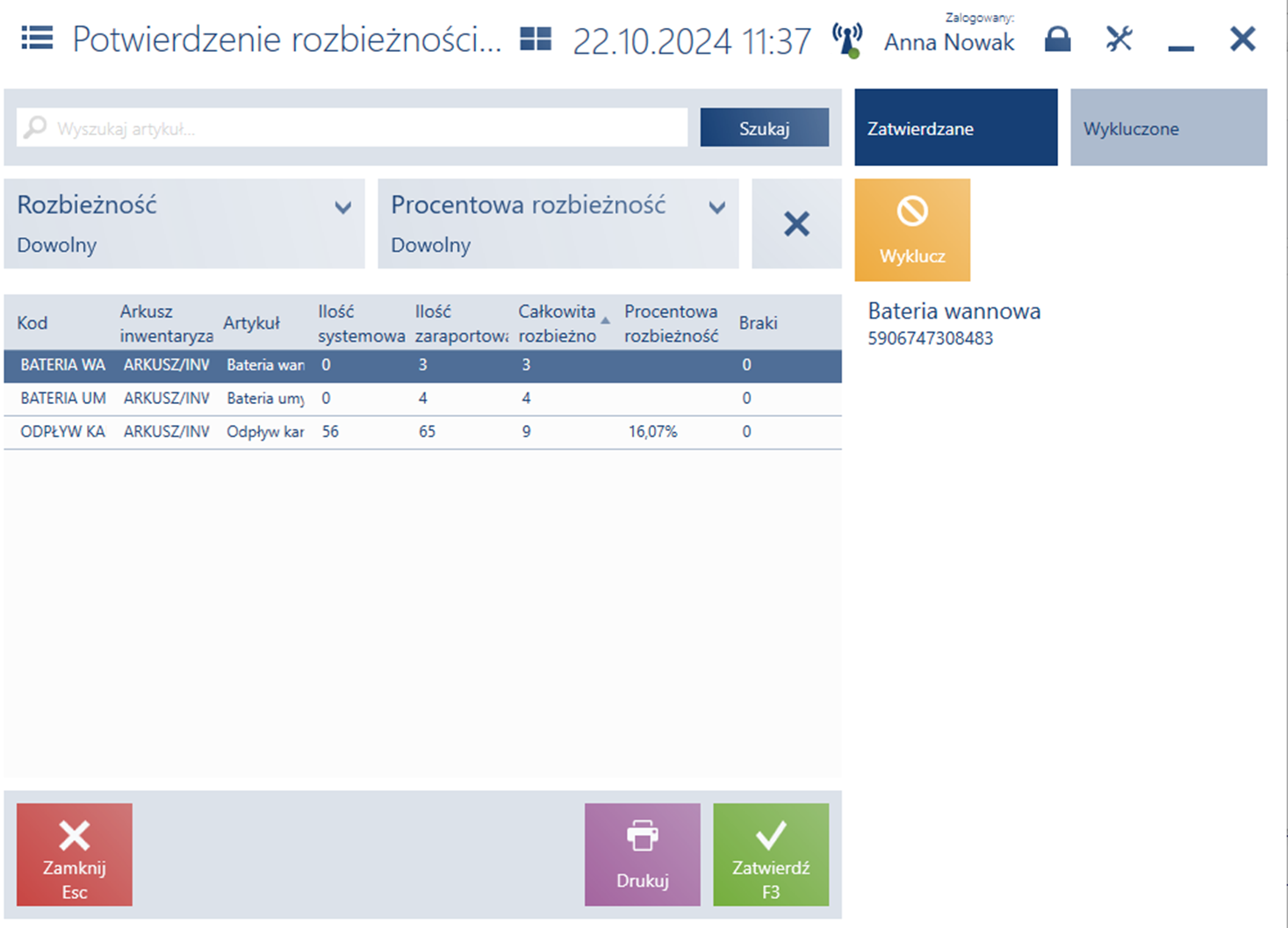 Okno potwierdzenia rozbieżności