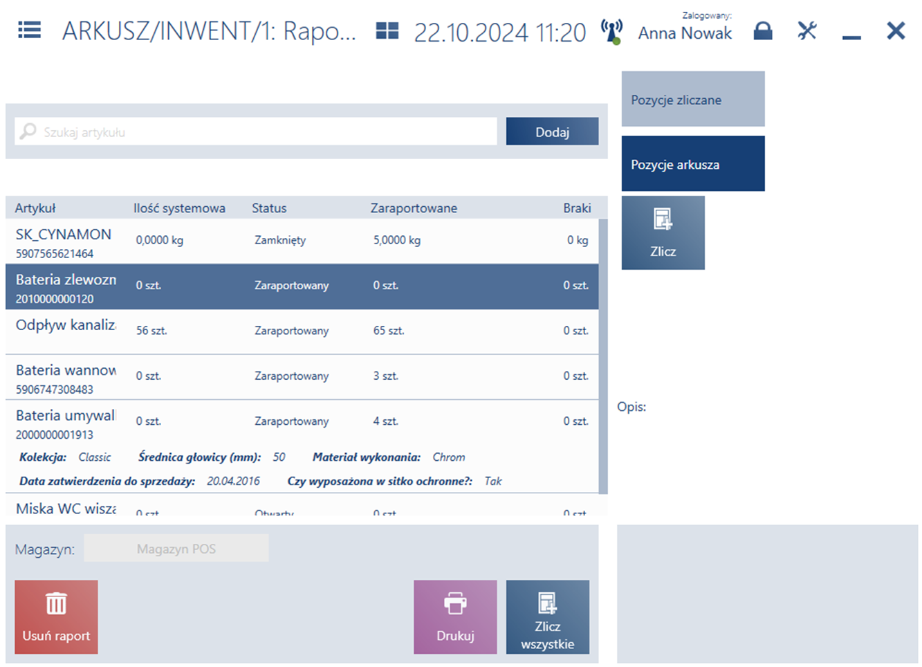Raport arkusza inwentaryzacyjnego