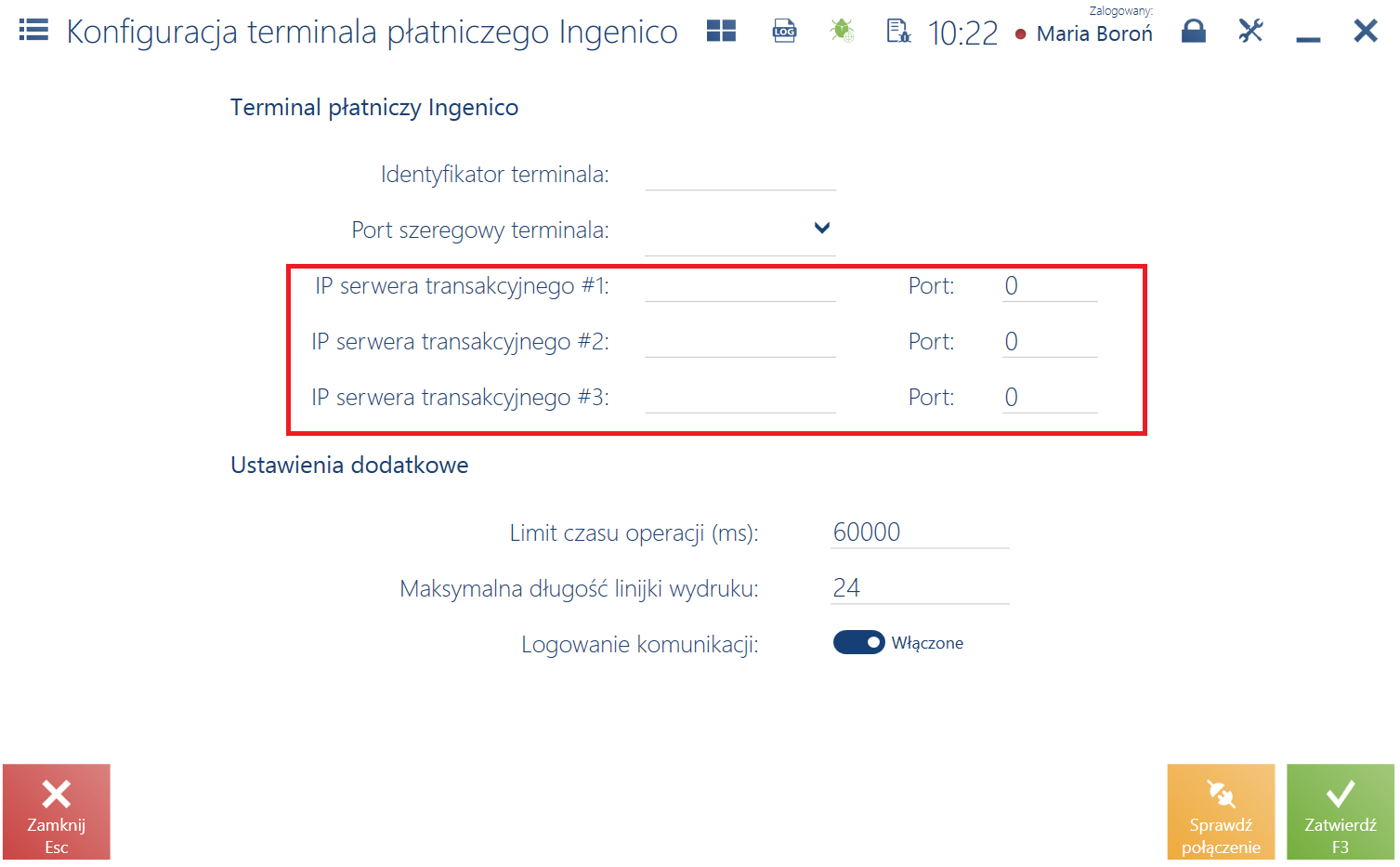 Dodatkowe pola w oknie Konfiguracja terminala płatniczego Ingenico