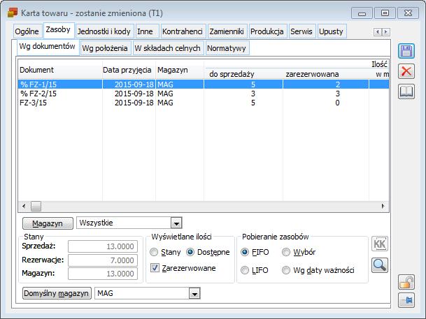 Karta towaru, zakładka: Zasoby/Wg dokumentów.