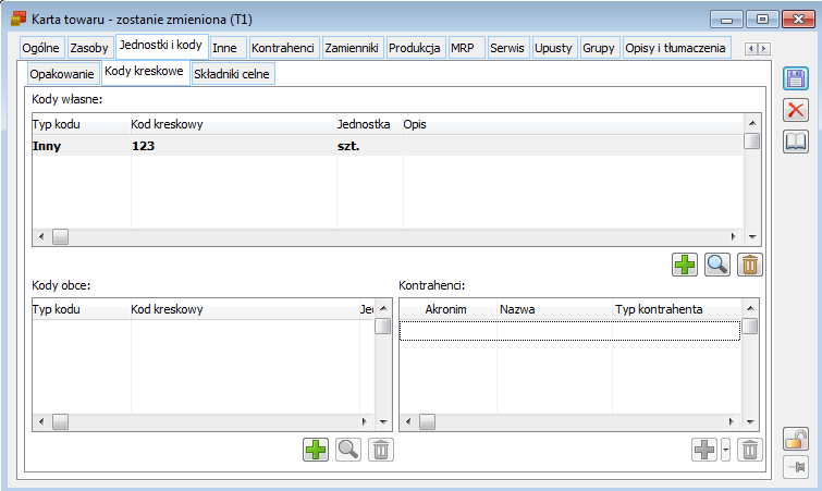 Karta towaru, zakładka: Jednostki i kody/ Kody kreskowe.