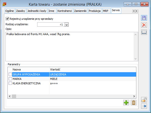 Karta towaru, zakładka: Serwis
