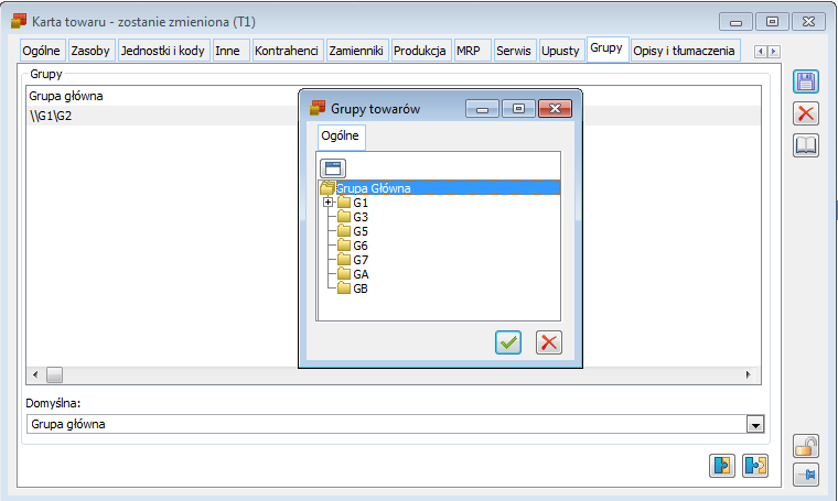Karta towaru, zakładka: Grupy.