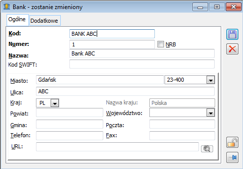Bank, zakładka Ogólne.
