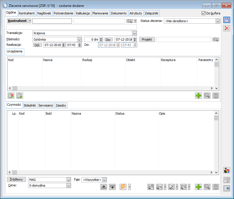 Zlecenie serwisowe, zakładka Ogólne.