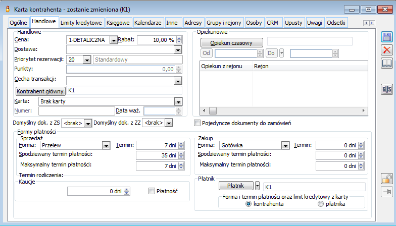Karta kontrahenta, zakładka: Handlowe.
