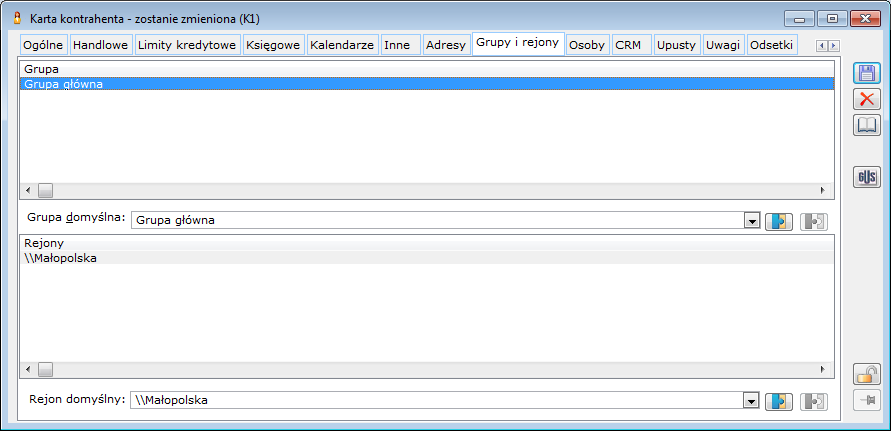 Karta kontrahenta, zakładka Grupy i rejony.