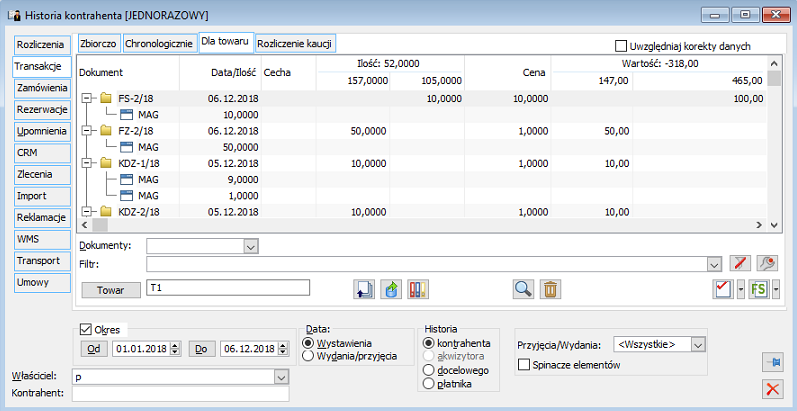 Historia kontrahenta, zakładka: Transakcje/Dla towaru.