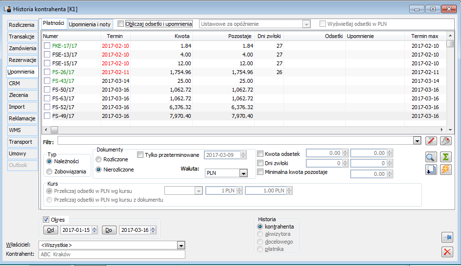Historia kontrahenta, zakładka: Upomnienia/Upomnienia i noty odsetkowe.
