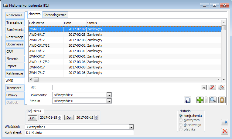 Historia kontrahenta, zakładka: WMS