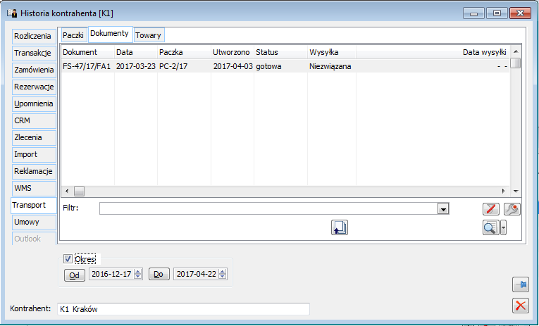 Historia kontrahenta, zakładka: Transport/Dokumenty.