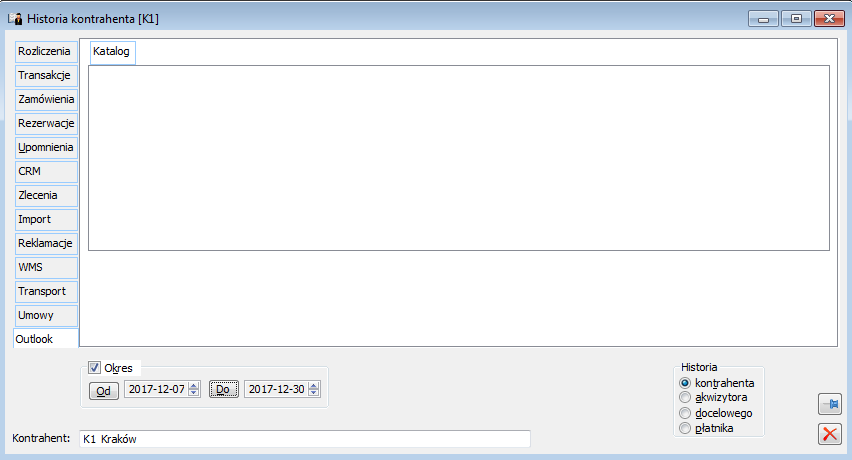  Historia kontrahenta, zakładka: Outlook.