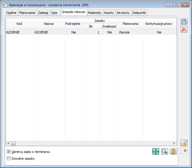 Operacja w kosztorysie, zakładka: Gniazda robocze