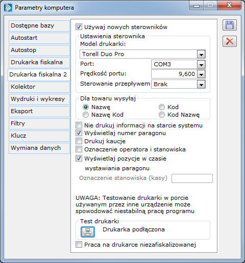 Wybór sterownika dla drukarki fiskalnej w module: Administrator na zakładce: Drukarka fiskalna