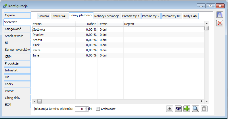 Konfiguracja, zakładka: Formy płatności.