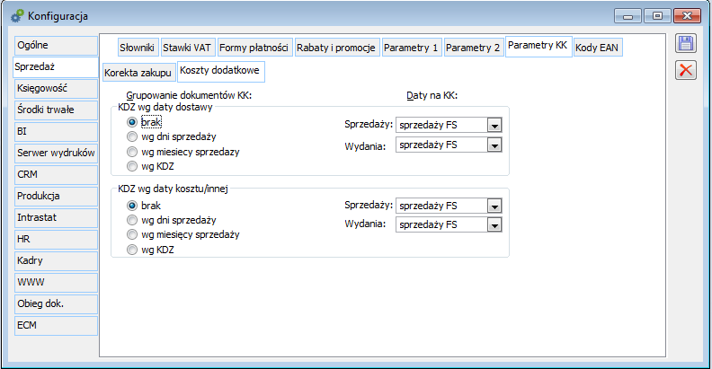 Konfiguracja, zakładka: Sprzedaż/ Parametry KK/ Koszty dodatkowe.