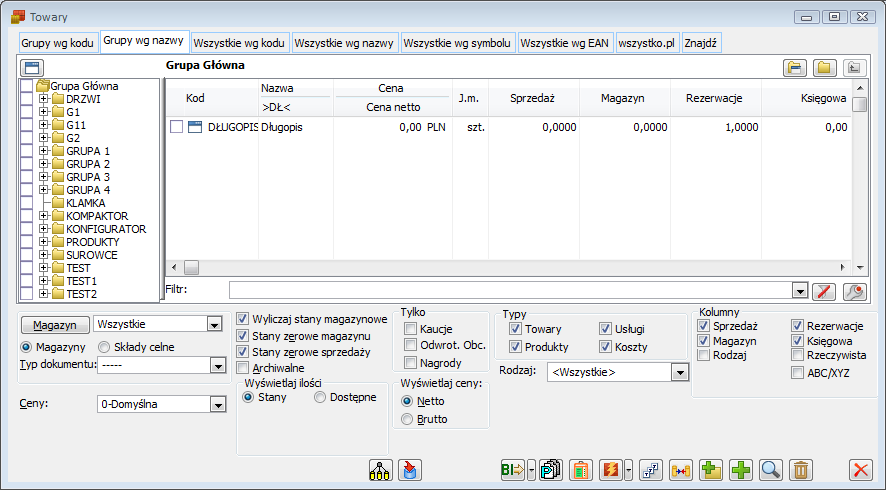 Lista towarów, zakładka: Grupy wg kodu.