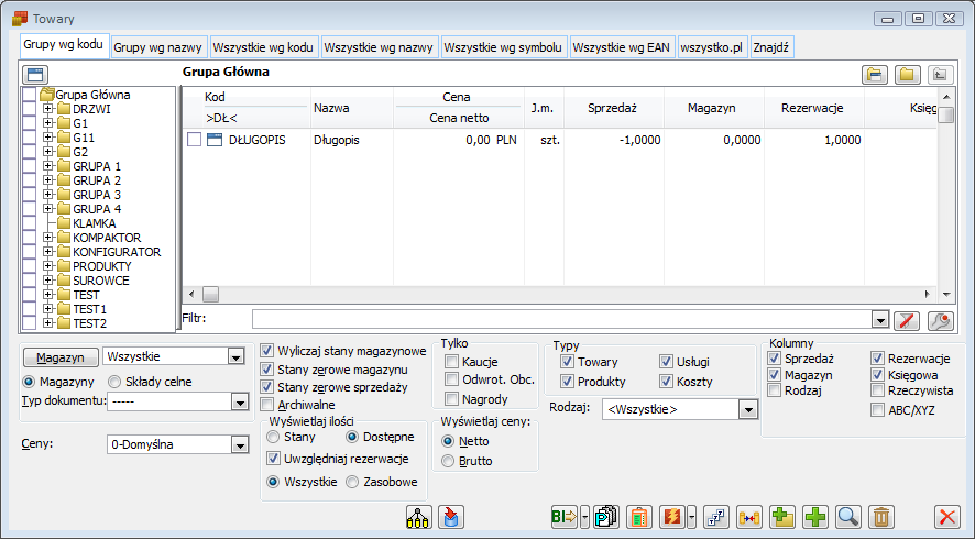 Lista towarów, zakładka: Grupy wg kodu z zaznaczoną opcją: Uwzględniaj rezerwacje.