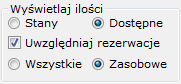 Lista towarów, grupa: Wyświetlaj ilości bez i z zaznaczonym przyciskiem: Uwzględniaj rezerwacje