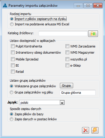 Parametry importu załączników.