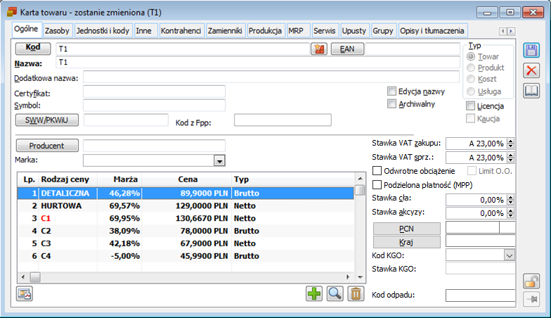Karta towaru, zakładka: Ogólne.