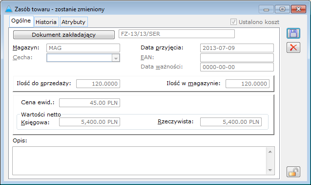 Okno: Zasób towaru, zakładka: Ogólne.