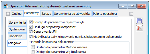 Karta Operatora, parametr „Modyfikacja daty księgowania na niezaksięgowanym dokumencie”