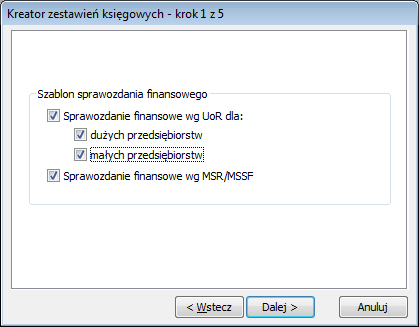 Okno: Kreator zestawień księgowych – krok 1 z 5