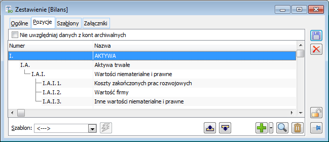Karta zestawienia, zakładka Pozycje