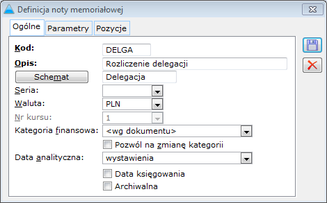 Definicja noty memoriałowej, zakładka: Ogólne