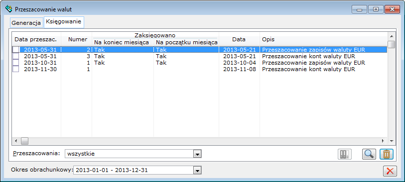 Przeszacowanie walut, zakładka Księgowanie.