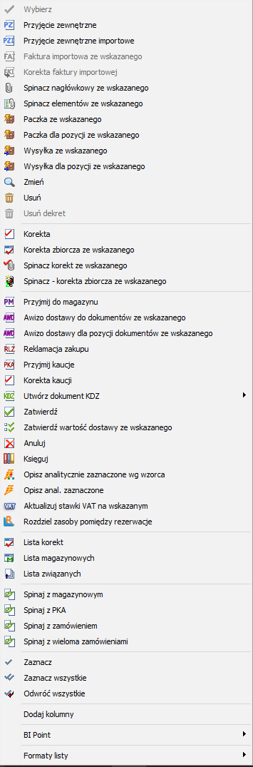 Przykład menu kontekstowego na liście dokumentów.