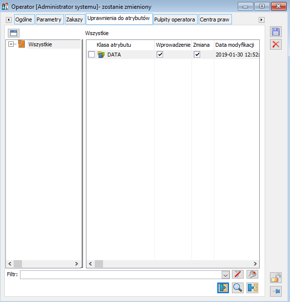 Karta operatora, zakładka Uprawnienia do atrybutów.