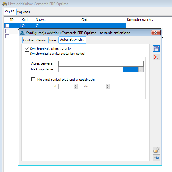 Konfigurowanie ustawień dla automatu synchronizacji w Comarch ERP XL