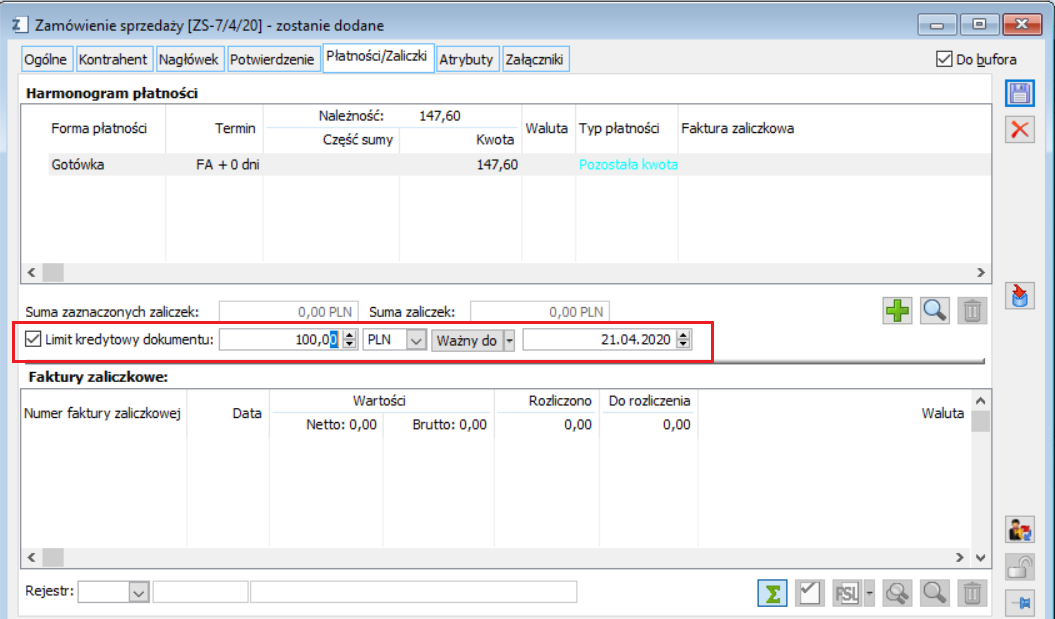 Parametry związane z limitem kredytowym na formatce ZS