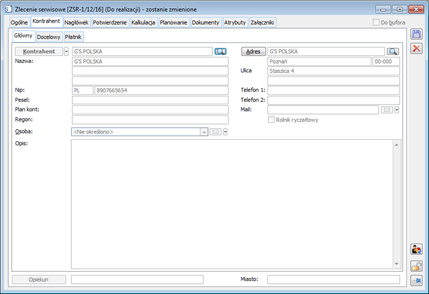 Zlecenie serwisowe, zakładka Kontrahent.