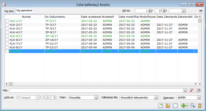 Okno: Lista kalkulacji kosztu, zakładka {Wg operatora}