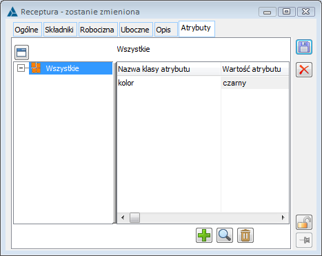 Receptura, zakładka: Atrybuty
