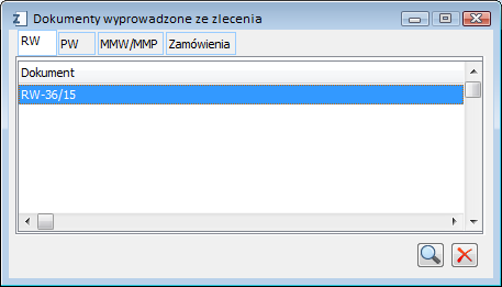 Dokumenty wyprowadzone ze zlecenia, zakładka: RW