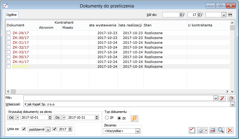 Lista znalezionych dokumentów ZK do przeliczenia