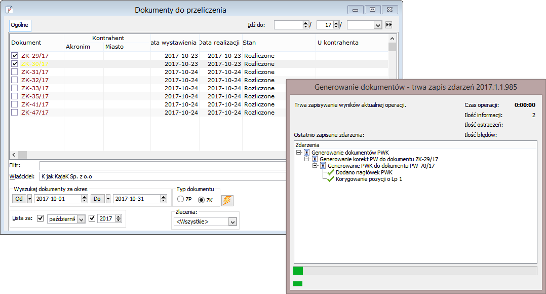 Korygowanie dokumentów PW, powiązanych z zaznaczonymi na liście dokumentami ZK