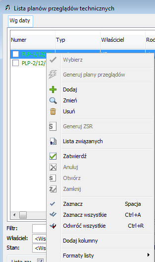 Lista planów przeglądów technicznych, menu kontekstowe