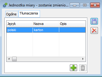 Jednostka miary, zakładka Tłumaczenia.