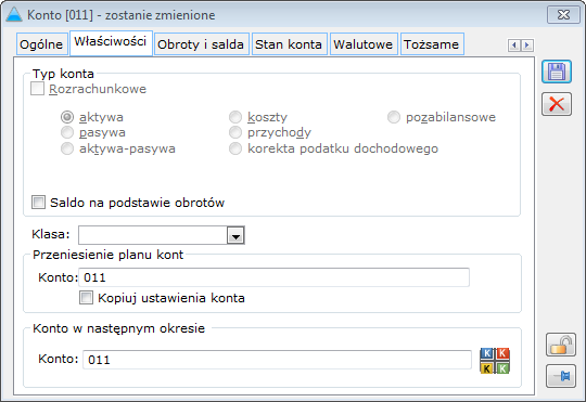 Konto, zakładka: Właściwości.