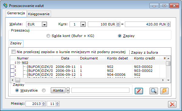 Przeszacowanie walut, zakładka: Generacja.