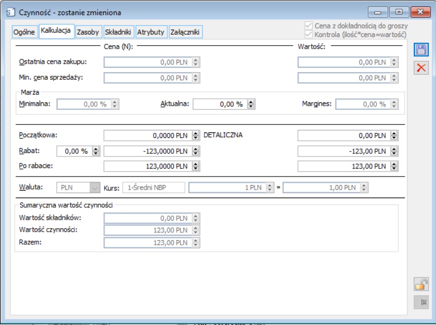 Okno Czynności, zakładka Kalkulacja