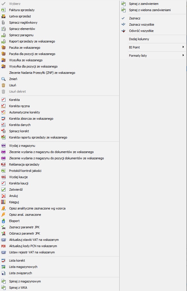 Przykład menu kontekstowego na liście dokumentów.