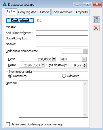 Okno dostawcy: Zakładka Ogólne.