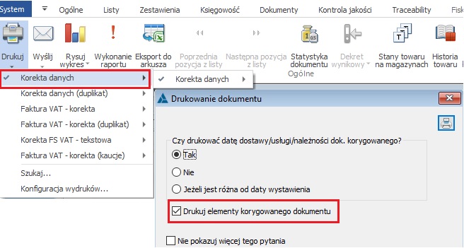 Parametryzacja drukowania elementów na Korekcie danych
