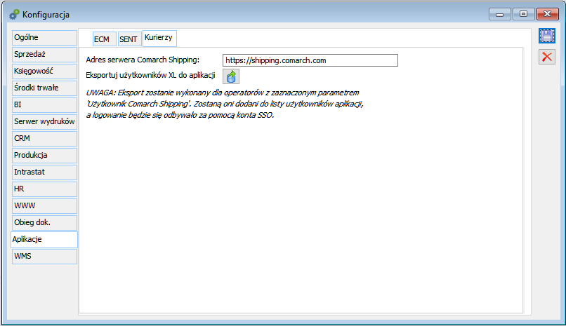 Ustawienia adresu serwera Comarch Shipping w oknie konfiguracji